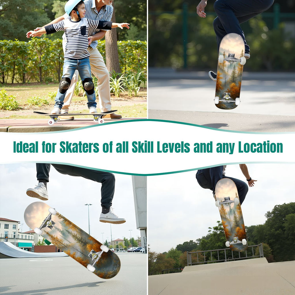 31"x8" Complete Skateboards for Beginners, Blue Deep Sea Sailing Ship Octopus Lighthouse Clouds Ocean Double Kick 7 Ply Canadian Maple Deck Skateboard with Wheels, Gifts for Kids Teens