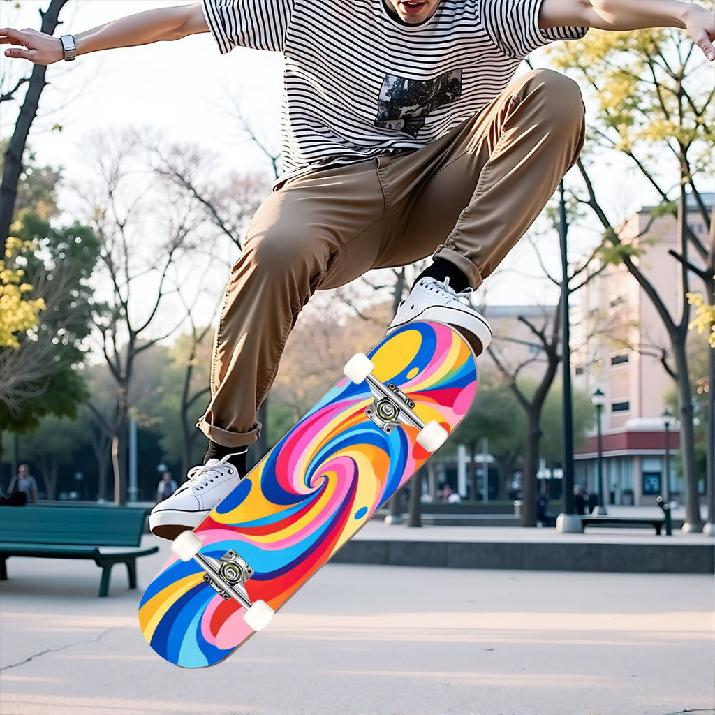 Complete Skateboard Vibrant Swirling Abstract 31 Inch 7-Ply Maple Skateboard with PU Wheels and Aluminum Trucks, Ready-to-Ride Skateboard for Beginners, Teens and Adults