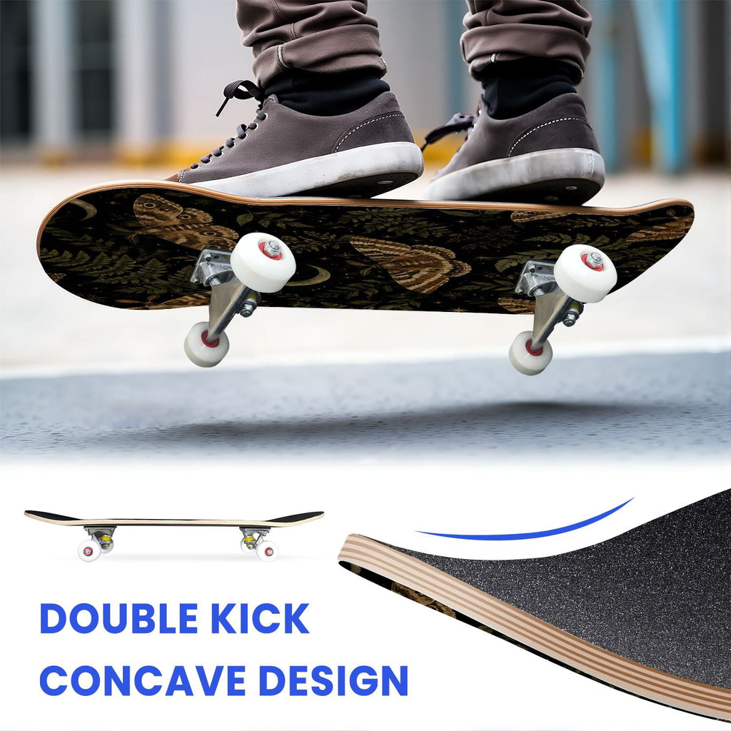 31"x8" Complete Skateboards for Beginners, Colorful Butterfly Blooming Flowers Under Full Moon Starry Double Kick 7 Ply Canadian Maple Deck Skateboard with Wheels, Gifts for Kids Teens