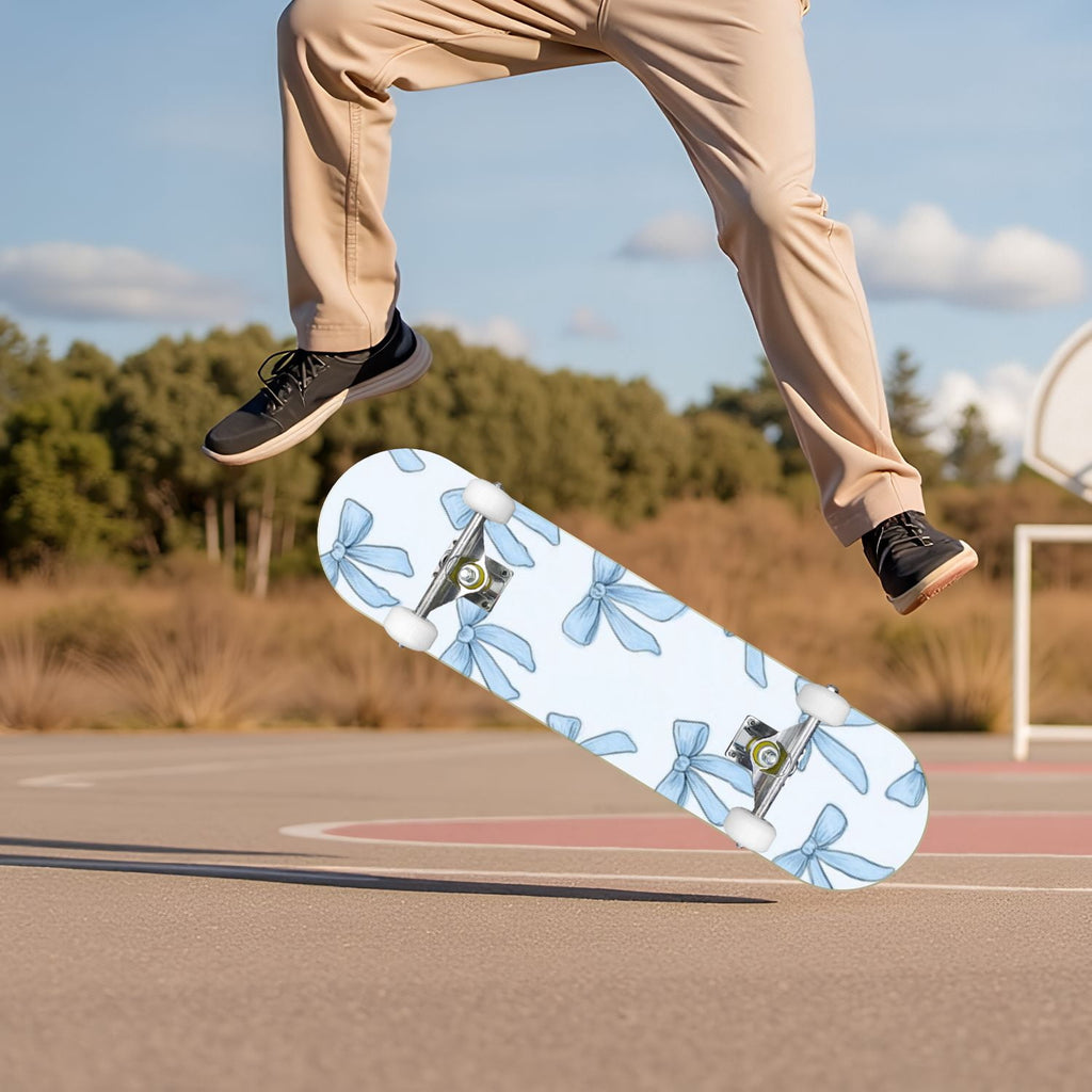 Delicate Pink Floral Ribbon Design 31" x 8" Complete Skateboard, 7-Ply Canadian Maple Double Kick Trick Board for Kids and Beginners Adult Gifts