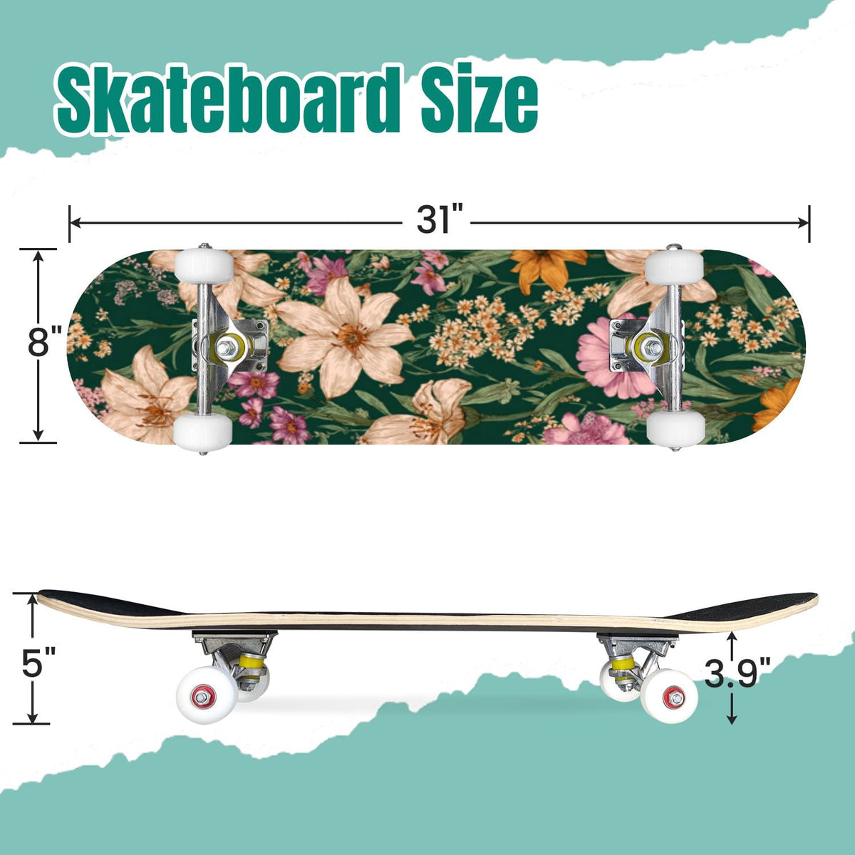 Vintage Movie Theater Classic Cinema 31" x 8" Complete Skateboard, 7-Ply Canadian Maple Double Kick Trick Board for Kids and Beginners Adult Gifts