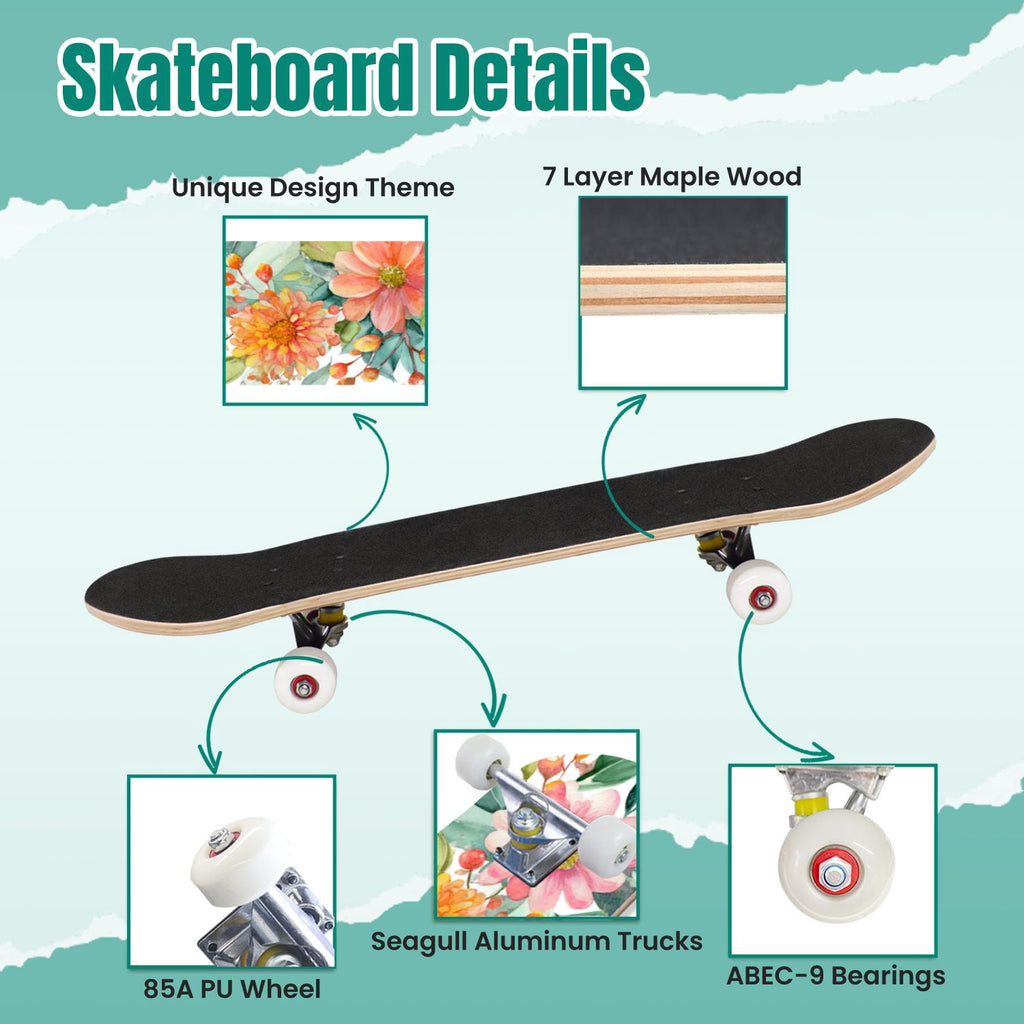 Watercolor Floral Shades Blue Grey Leaves 31" x 8" Complete Skateboard, 7-Ply Canadian Maple Double Kick Trick Board for Kids and Beginners Adult Gifts