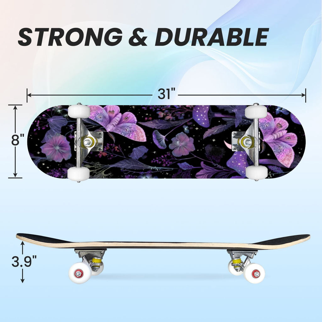 31"x8" Complete Skateboards for Beginners,Whimsical Blue Butterflies Green Foliage Dark Night Fantasy Double Kick 7 Ply Canadian Maple Deck Skateboard with Wheels, Gifts for Kids Teens