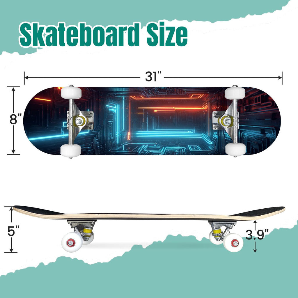 Glowing Futuristic Cubic Tunnel Metallic Tiles Bright Light 31" x 8" Complete Skateboard, 7-Ply Canadian Maple Double Kick Trick Board for Kids and Beginners Adult Gifts