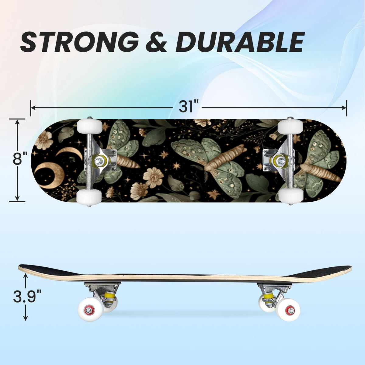 31"x8" Complete Skateboards for Beginners,Whimsical Blue Butterflies Green Foliage Dark Night Fantasy Double Kick 7 Ply Canadian Maple Deck Skateboard with Wheels, Gifts for Kids Teens
