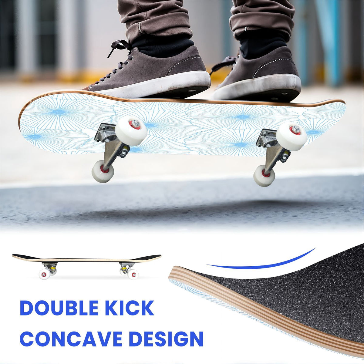 31"x8" Complete Skateboards for Beginners,Seamless Blue Watercolor Crabs Floral Accents Light Double Kick 7 Ply Canadian Maple Deck Skateboard with Wheels, Gifts for Kids Teens