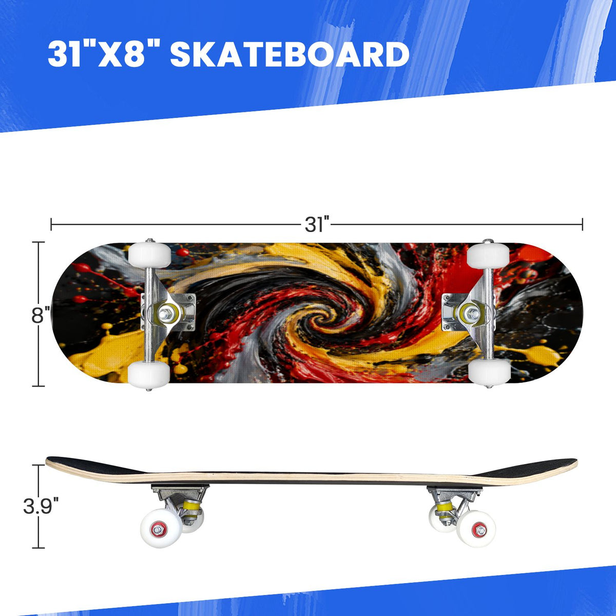 Complete Skateboard Vibrant Multicolored Abstract 31 Inch 7-Ply Maple Skateboard with PU Wheels and Aluminum Trucks, Ready-to-Ride Skateboard for Beginners, Teens and Adults