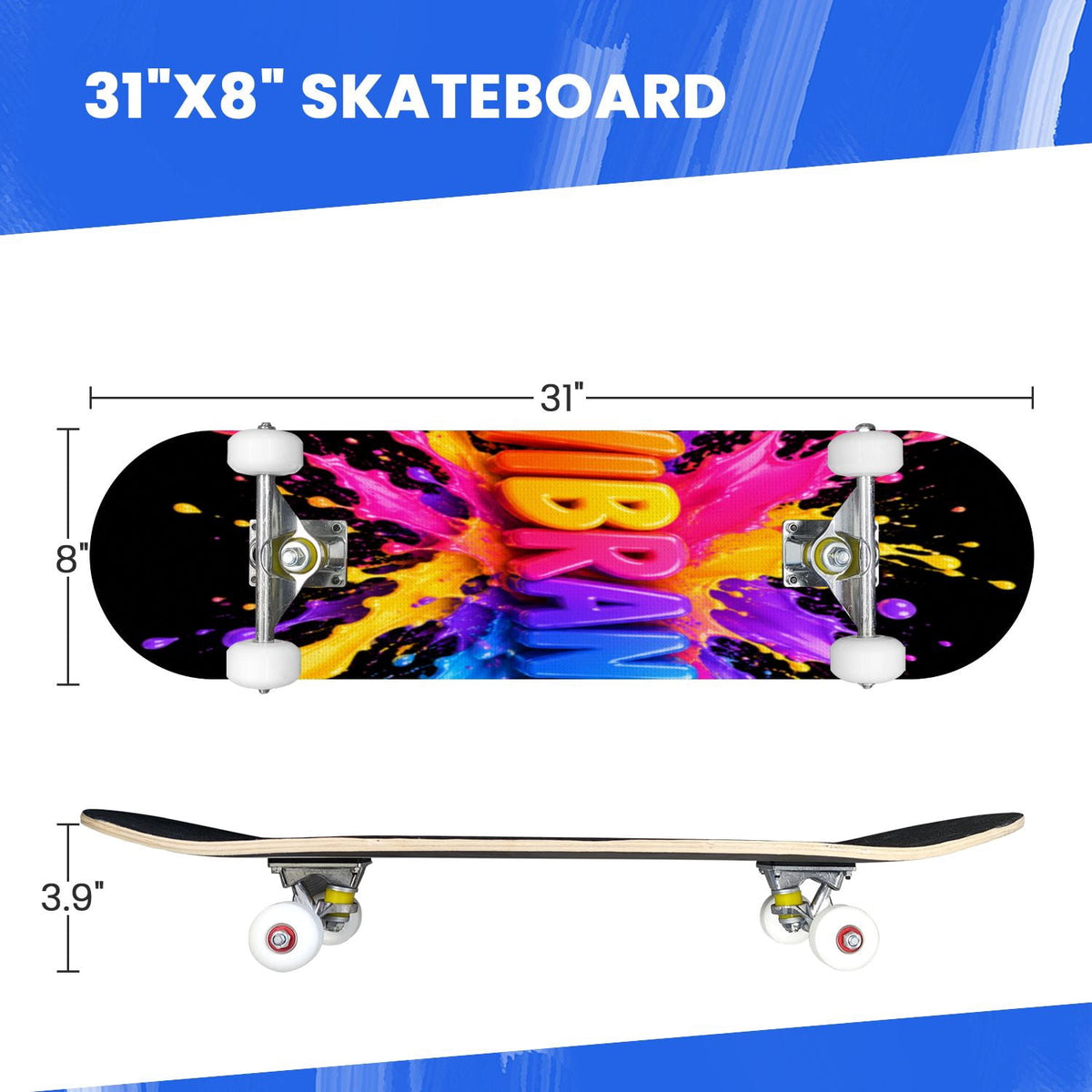 Complete Skateboard Vibrant Swirling Abstract 31 Inch 7-Ply Maple Skateboard with PU Wheels and Aluminum Trucks, Ready-to-Ride Skateboard for Beginners, Teens and Adults