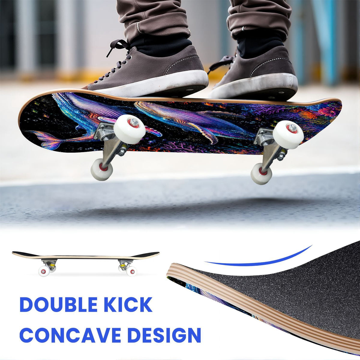 31"x8" Complete Skateboards for Beginners, Colorful Cosmic Octopus Tentacles Starry Marine Life Double Kick 7 Ply Canadian Maple Deck Skateboard with Wheels, Gifts for Kids Teens