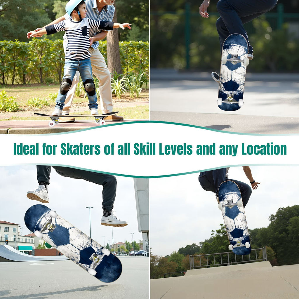 Dynamic Soccer Ball Explosion Energy Effects Stadium 31" x 8" Complete Skateboard, 7-Ply Canadian Maple Double Kick Trick Board for Kids and Beginners Adult Gifts