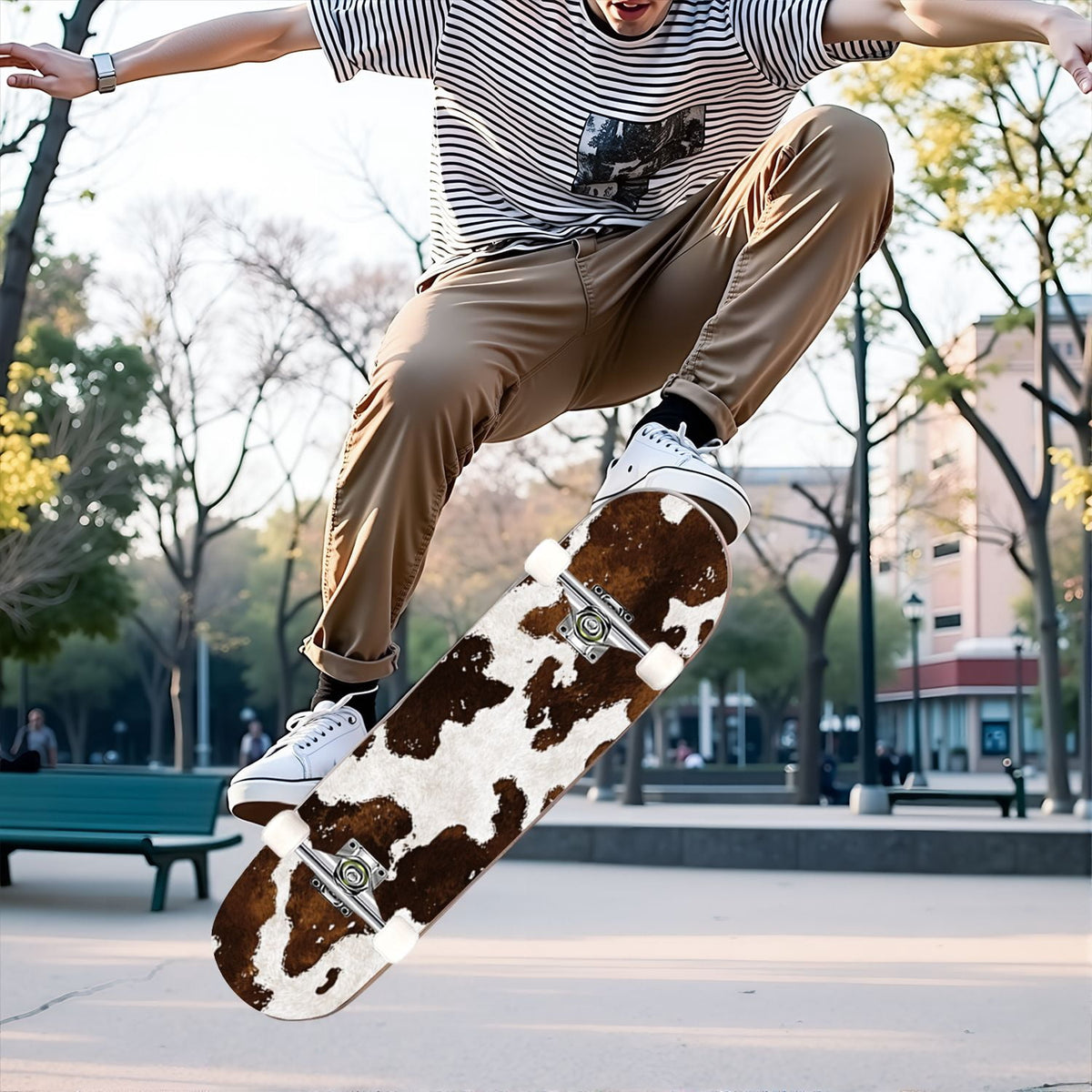 31"x8" Complete Skateboards for Beginners,Leopard Print Black Brown Beige Double Kick 7 Ply Canadian Maple Deck Skateboard with Wheels, Gifts for Kids Teens