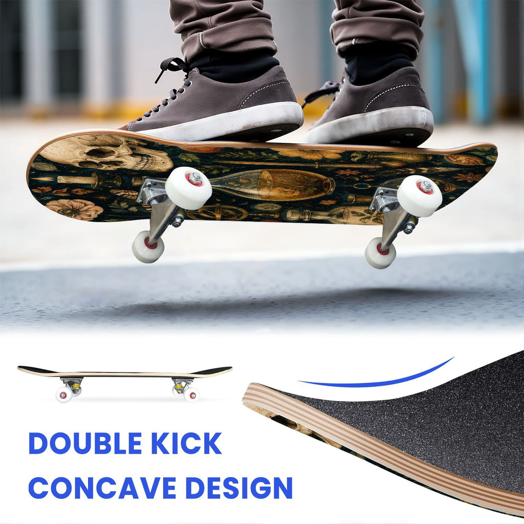 31"x8" Complete Skateboards for Beginners,Vintage Botanical Skull Flowers Elements Dark Double Kick 7 Ply Canadian Maple Deck Skateboard with Wheels, Gifts for Kids Teens