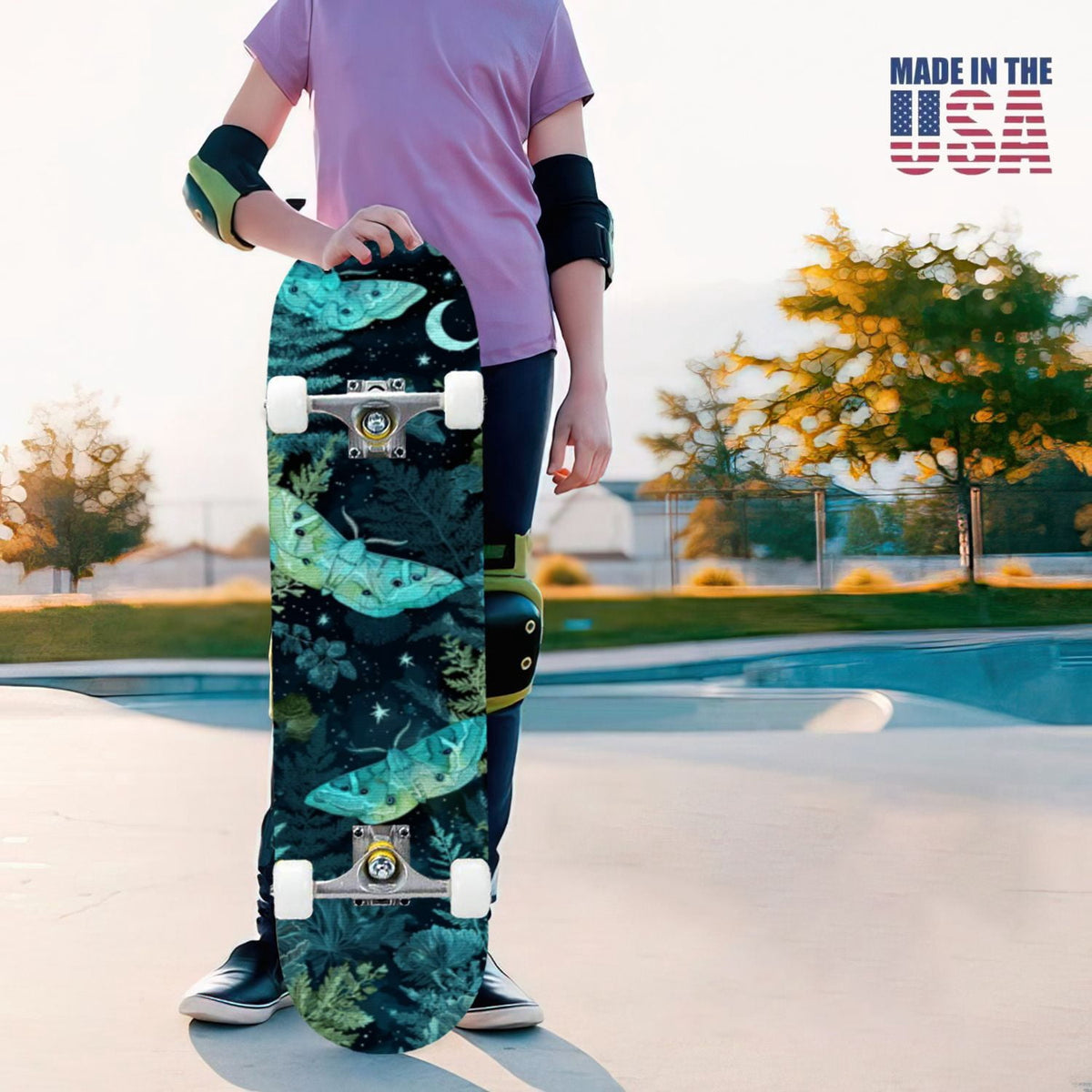 31"x8" Complete Skateboards for Beginners,Whimsical Blue Butterflies Green Foliage Dark Night Fantasy Double Kick 7 Ply Canadian Maple Deck Skateboard with Wheels, Gifts for Kids Teens