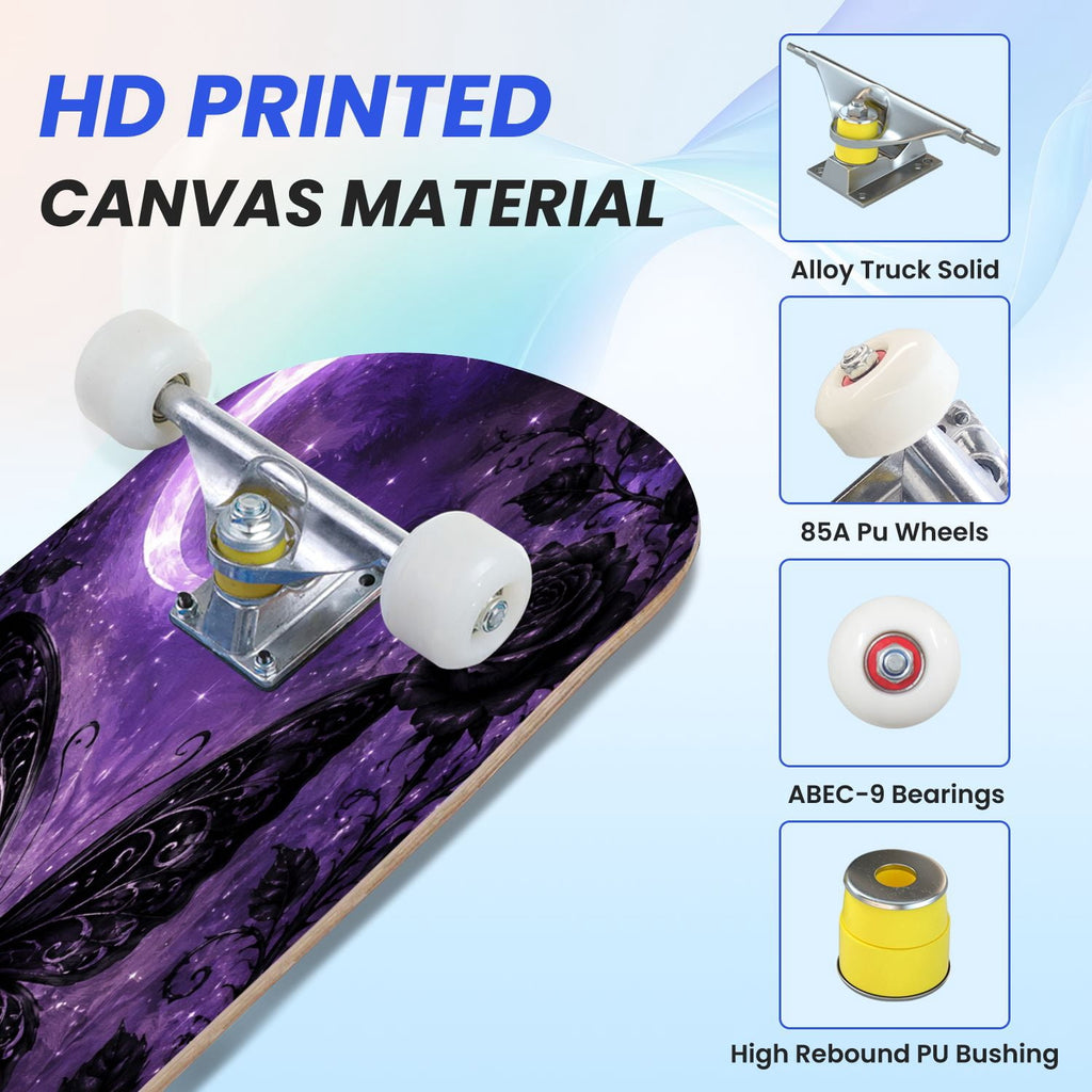 31"x8" Complete Skateboards for Beginners, Mystical Purple Butterfly Glowing Mushrooms Under Full Moon Double Kick 7 Ply Canadian Maple Deck Skateboard with Wheels, Gifts for Kids Teens