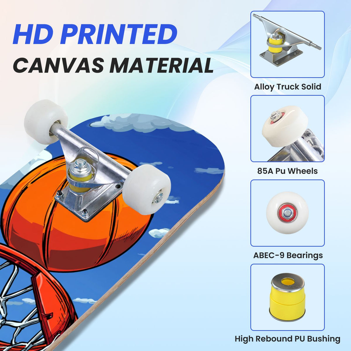 31"x8" Complete Skateboards for Beginners,Orange Basketball Hoop Blue Sky Clouds Double Kick 7 Ply Canadian Maple Deck Skateboard with Wheels, Gifts for Kids Teens
