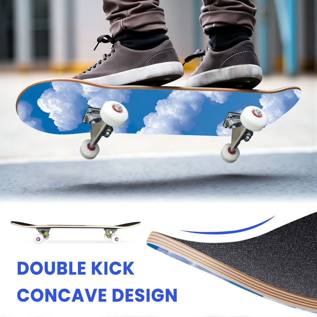 31"x8" Complete Skateboards for Beginners, Pastel Sky Fluffy Clouds Pink Purple Blue Summer Decor Double Kick 7 Ply Canadian Maple Deck Skateboard with Wheels, Gifts for Kids Teens