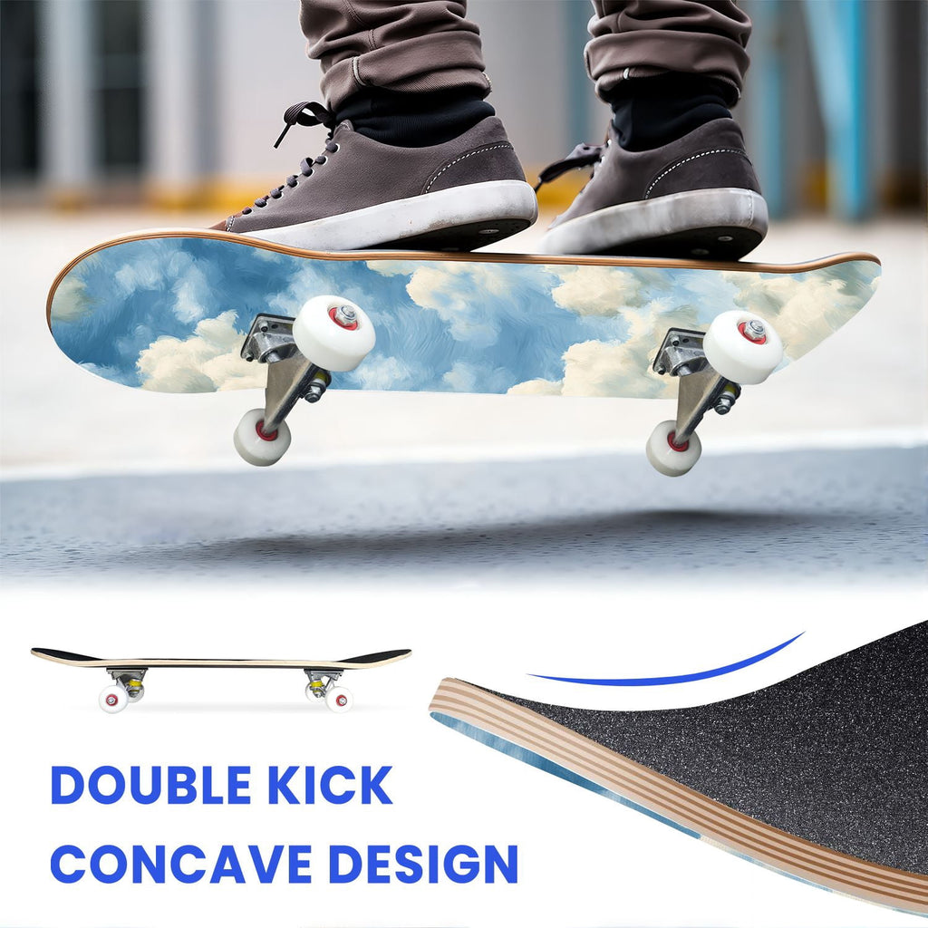 31"x8" Complete Skateboards for Beginners, Pastel Sky Fluffy Clouds Pink Purple Blue Summer Decor Double Kick 7 Ply Canadian Maple Deck Skateboard with Wheels, Gifts for Kids Teens
