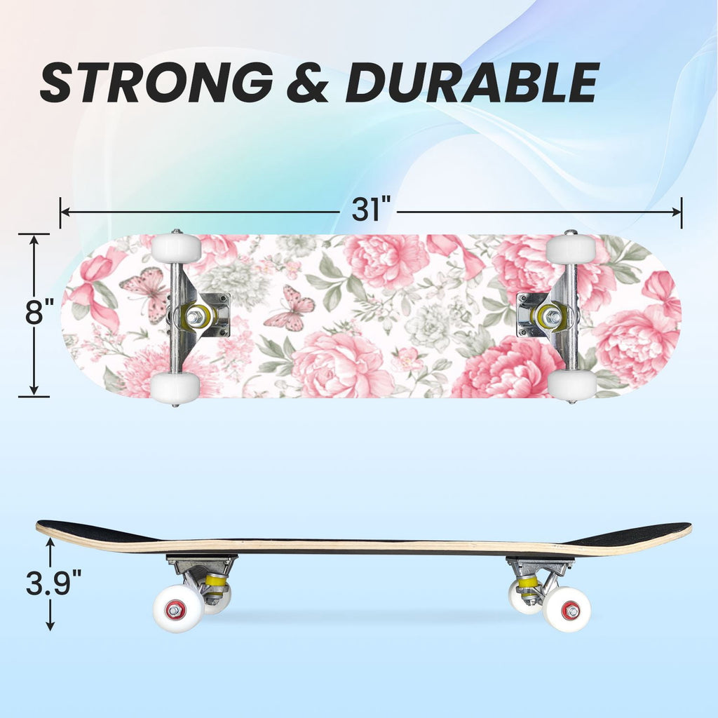 31"x8" Complete Skateboards for Beginners,Farmhouse Floral Daisy Flower Rustic Wood Board Double Kick 7 Ply Canadian Maple Deck Skateboard with Wheels, Gifts for Kids Teens