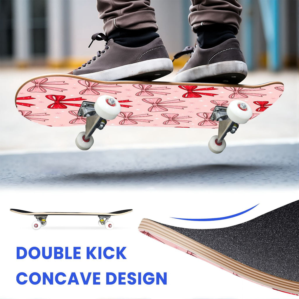 31"x8" Complete Skateboards for Beginners, Pink Bow Heart Vertical Stripes Romantic Double Kick 7 Ply Canadian Maple Deck Skateboard with Wheels, Gifts for Kids Teens
