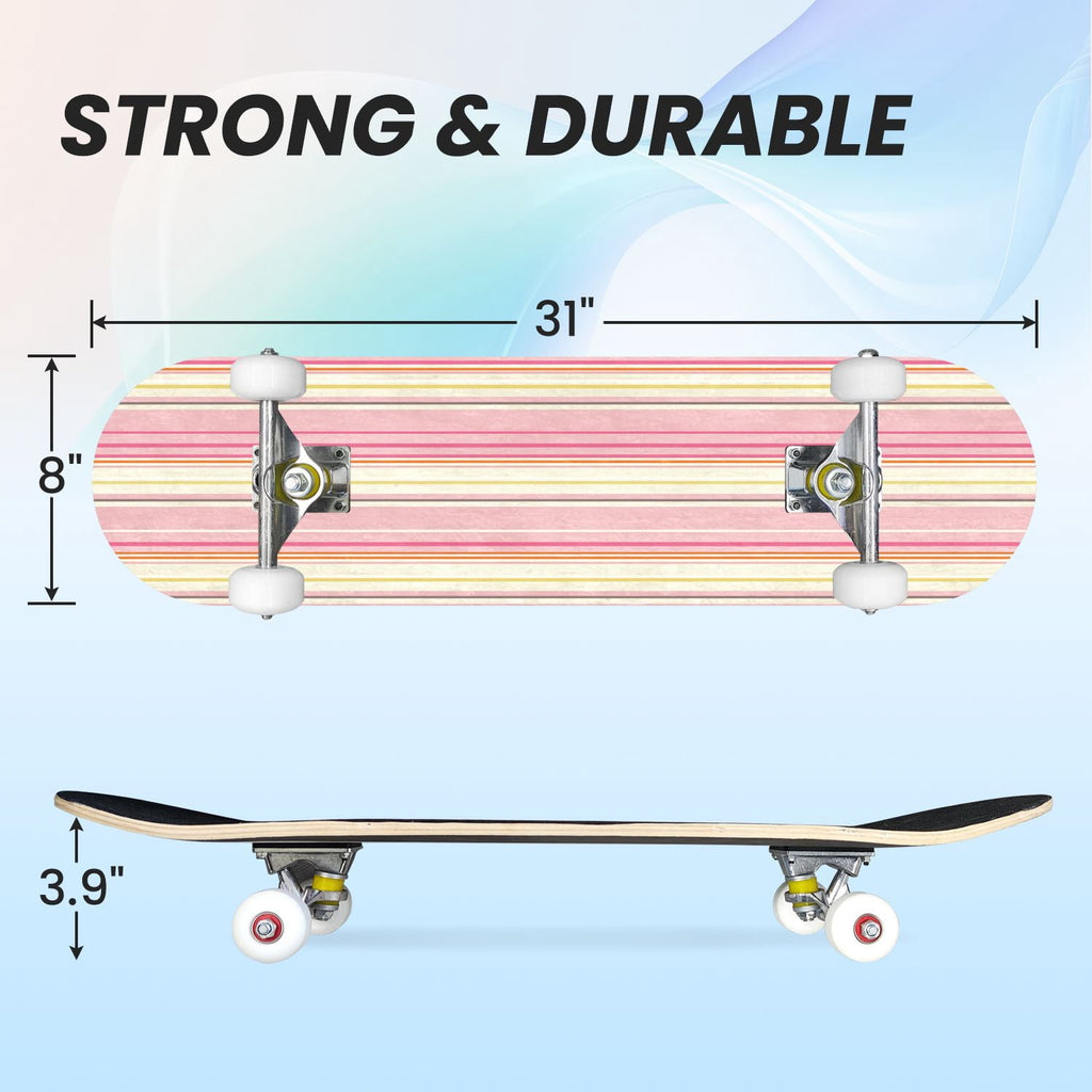 31"x8" Complete Skateboards for Beginners,Watercolor Watermelon Slices Pink Striped Double Kick 7 Ply Canadian Maple Deck Skateboard with Wheels, Gifts for Kids Teens