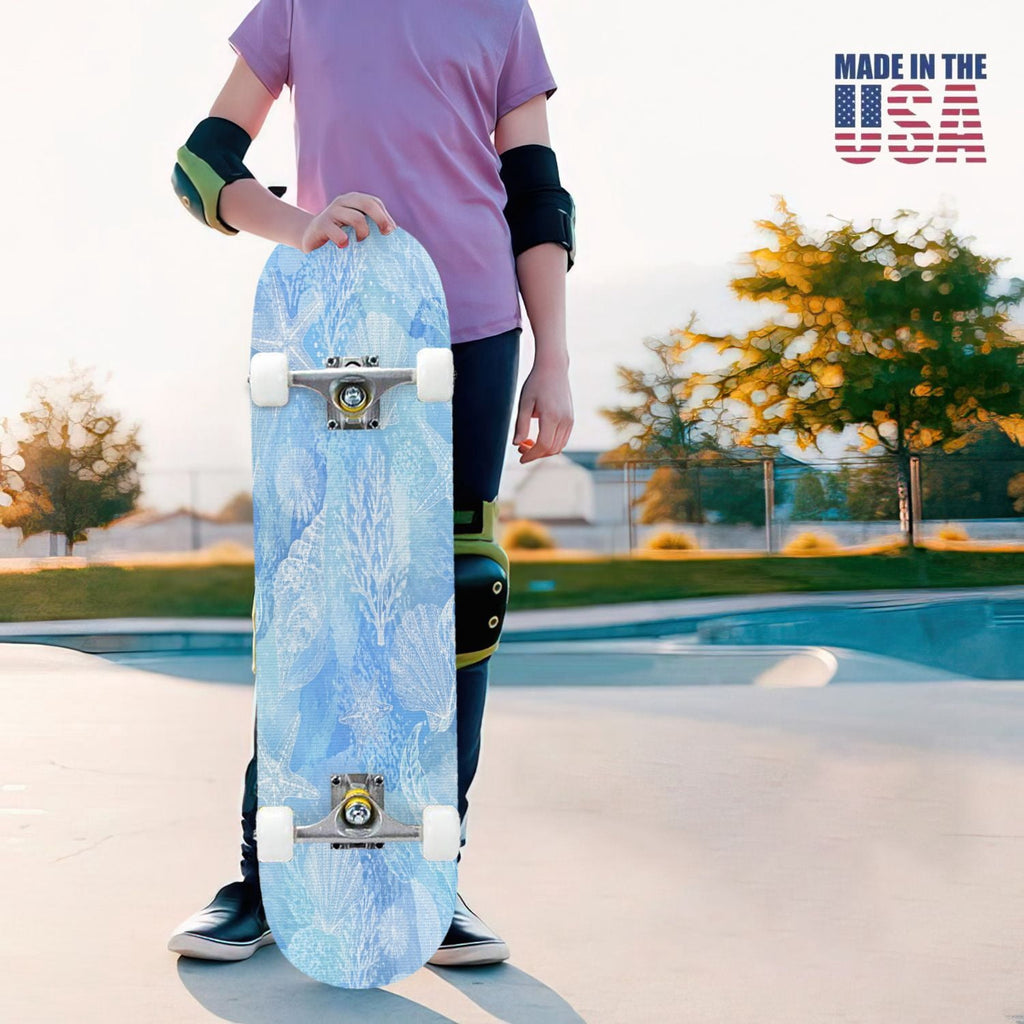 31"x8" Complete Skateboards for Beginners,Blue Botanical Leaf White Double Kick 7 Ply Canadian Maple Deck Skateboard with Wheels, Gifts for Kids Teens