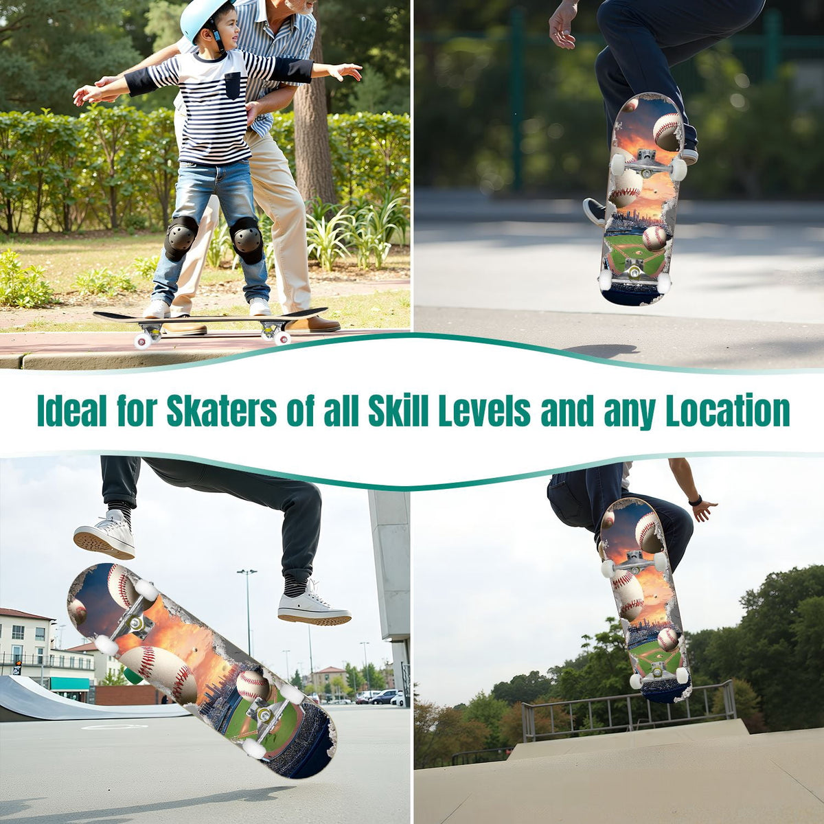 31"x8" Complete Skateboards for Beginners,baseball stadium giant baseballs sunset sky Double Kick 7 Ply Canadian Maple Deck Skateboard with Wheels, Gifts for Kids Teens