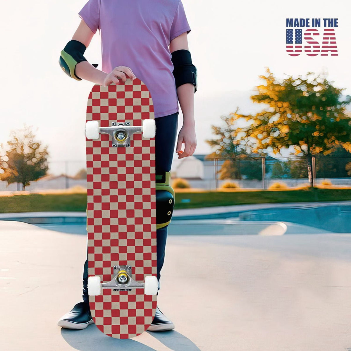 31"x8" Complete Skateboards for Beginners,Black Pink Checkered Retro Aesthetic Double Kick 7 Ply Canadian Maple Deck Skateboard with Wheels, Gifts for Kids Teens