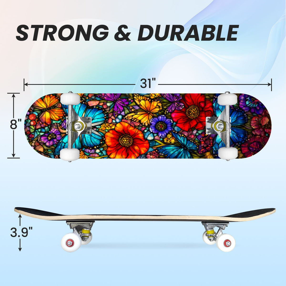 31"x8" Complete Skateboards for Beginners, Vibrant Stained Glass Window Butterflies Flowers Double Kick 7 Ply Canadian Maple Deck Skateboard with Wheels, Gifts for Kids Teens