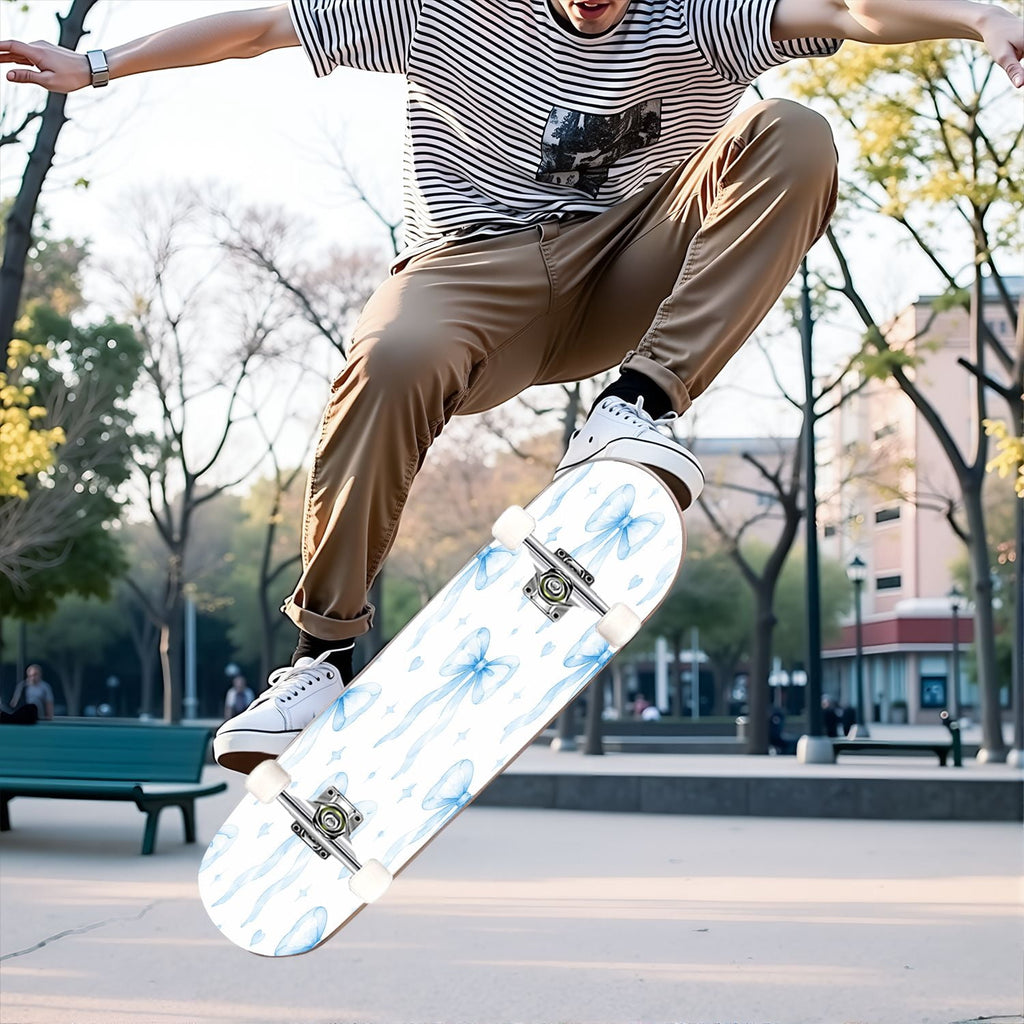 31"x8" Complete Skateboards for Beginners,Seamless Blue Watercolor Crabs Floral Accents Light Double Kick 7 Ply Canadian Maple Deck Skateboard with Wheels, Gifts for Kids Teens
