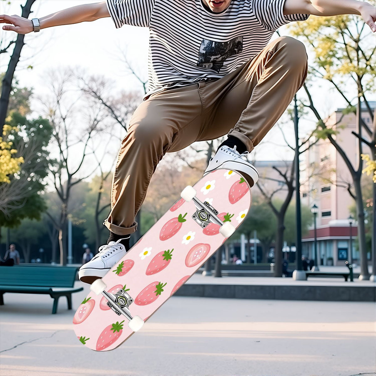 31"x8" Complete Skateboards for Beginners, Cherry Blossom Red Cherry Seamless Pink Botanical Double Kick 7 Ply Canadian Maple Deck Skateboard with Wheels, Gifts for Girls Teens