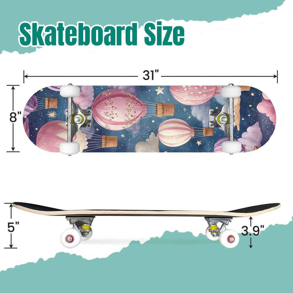 Pink Marble Fluid Abstract Design 31" x 8" Complete Skateboard, 7-Ply Canadian Maple Double Kick Trick Board for Kids and Beginners Adult Gifts