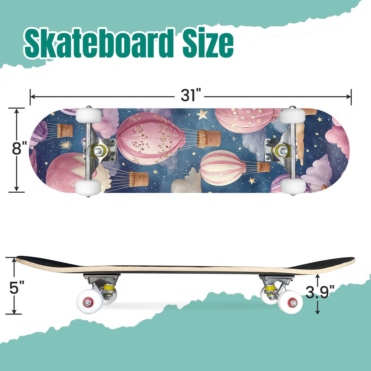 Pink Marble Fluid Abstract Design 31" x 8" Complete Skateboard, 7-Ply Canadian Maple Double Kick Trick Board for Kids and Beginners Adult Gifts