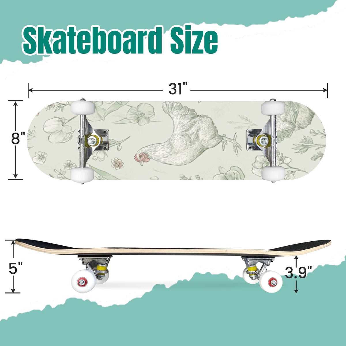 Buffalo Tan Grass Illustrations 31" x 8" Complete Skateboard, 7-Ply Canadian Maple Double Kick Trick Board for Kids and Beginners Adult Gifts