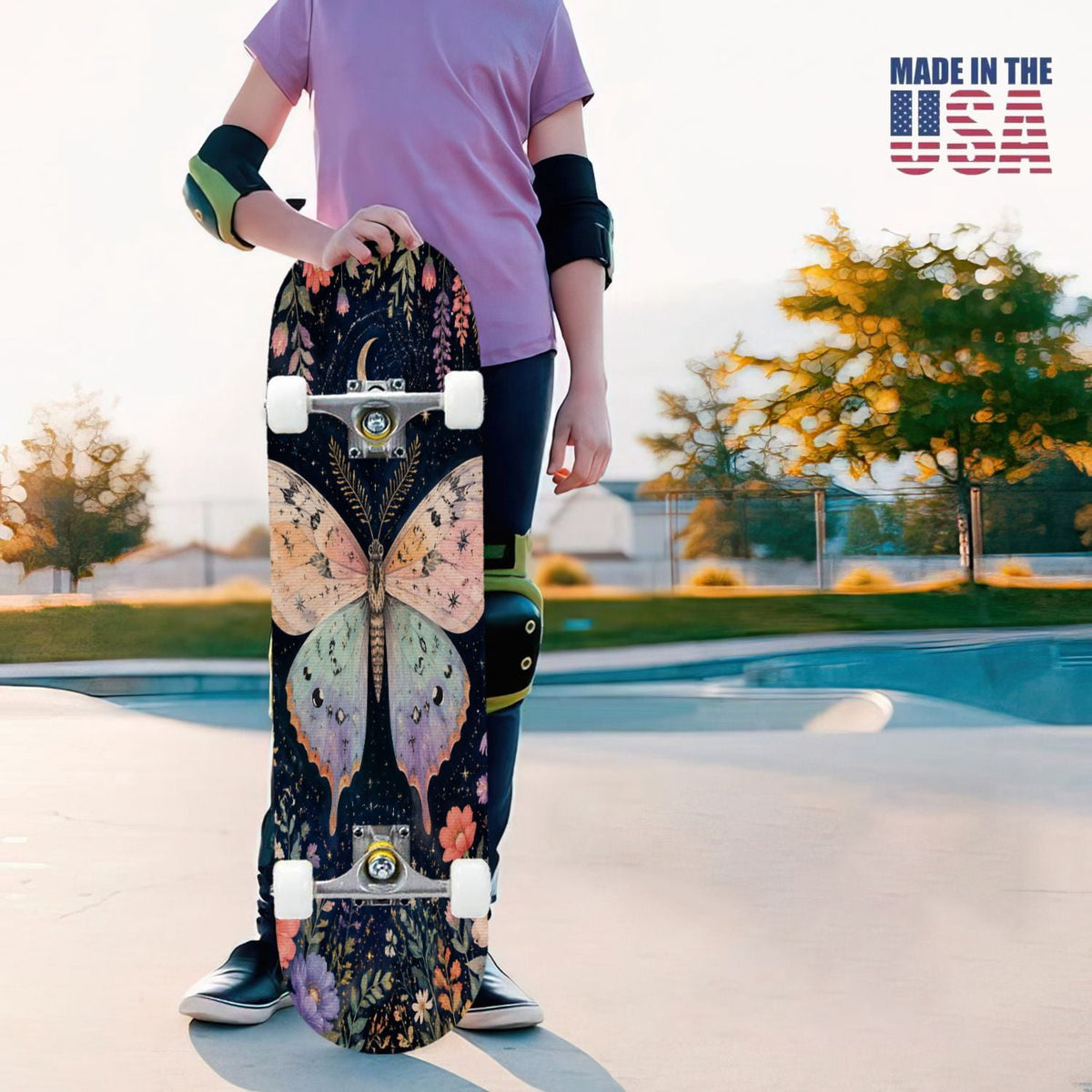 31"x8" Complete Skateboards for Beginners, Colorful Butterfly Blooming Flowers Under Full Moon Starry Double Kick 7 Ply Canadian Maple Deck Skateboard with Wheels, Gifts for Kids Teens