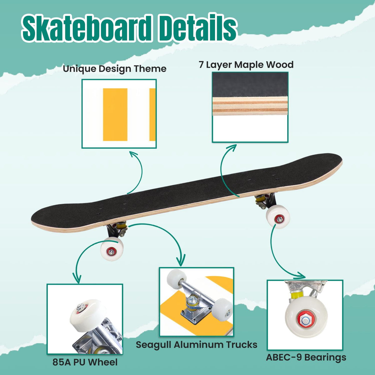 Yellow White Vertical Striped Soft Gradient Lines Minimalist Design 31" x 8" Complete Skateboard, 7-Ply Canadian Maple Double Kick Trick Board for Kids and Beginners Adult Gifts