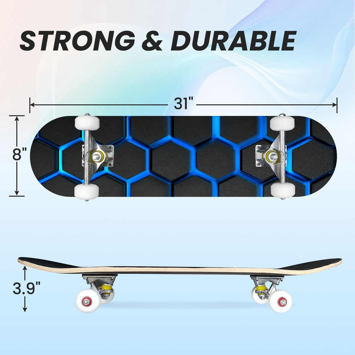 31"x8" Complete Skateboards for Beginners,Hexagon neon blue glow futuristic Double Kick 7 Ply Canadian Maple Deck Skateboard with Wheels, Gifts for Kids Teens