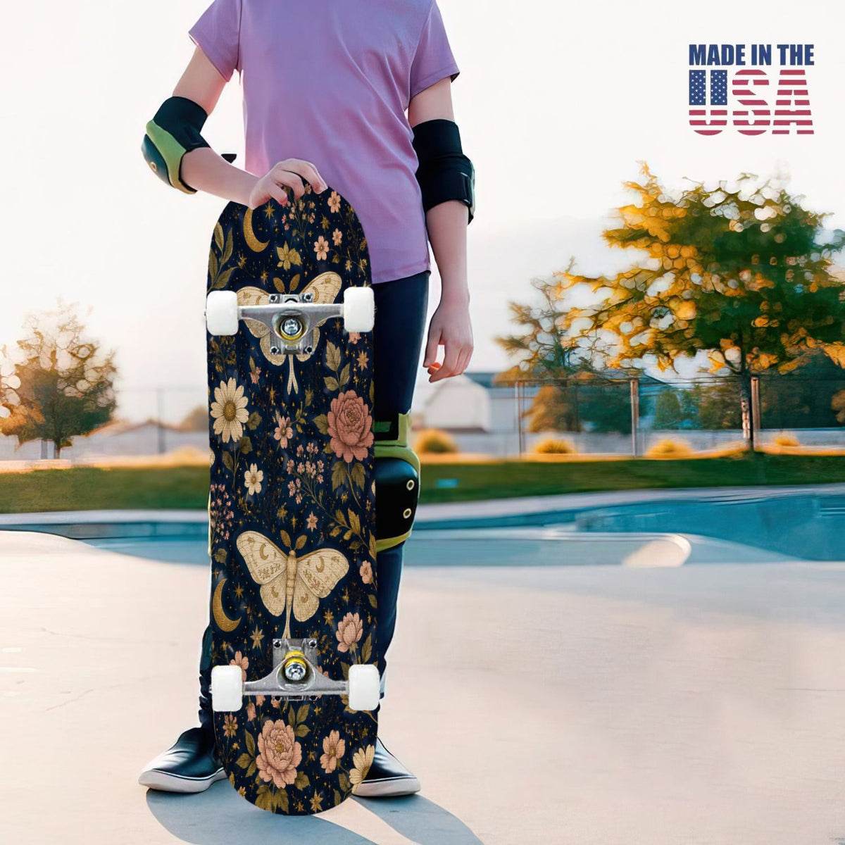 31"x8" Complete Skateboards for Beginners, Colorful Butterfly Blooming Flowers Under Full Moon Starry Double Kick 7 Ply Canadian Maple Deck Skateboard with Wheels, Gifts for Kids Teens