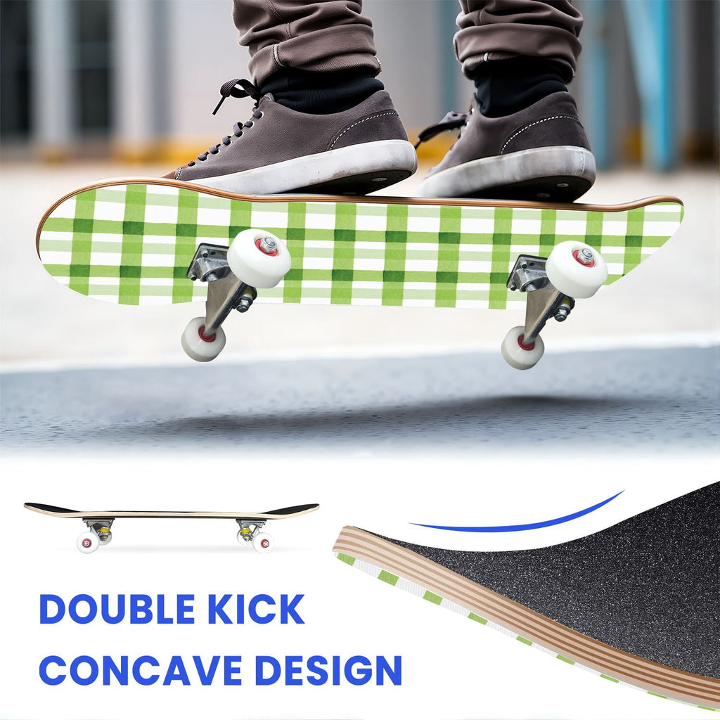 31"x8" Complete Skateboards for Beginners,Mint Green White Plaid Tartan Subtle Double Kick 7 Ply Canadian Maple Deck Skateboard with Wheels, Gifts for Kids Teens