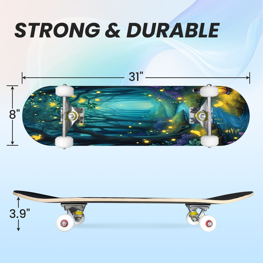 31"x8" Complete Skateboards for Beginners, Magical Forest Glowing Mushrooms Twinkling Fantasy Double Kick 7 Ply Canadian Maple Deck Skateboard with Wheels, Gifts for Kids Teens