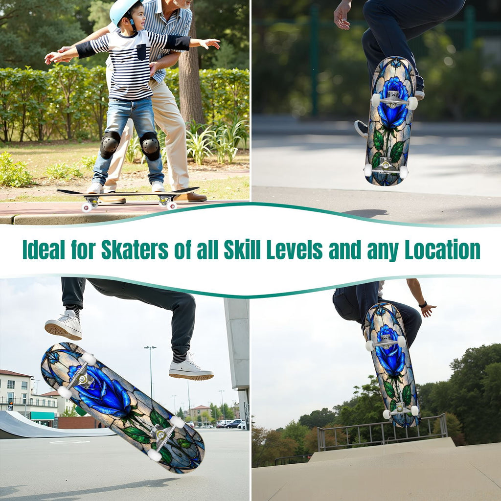 Modern Botanical Watercolor Pink Gold Mint Navy Leaves 31" x 8" Complete Skateboard, 7-Ply Canadian Maple Double Kick Trick Board for Kids and Beginners Adult Gifts