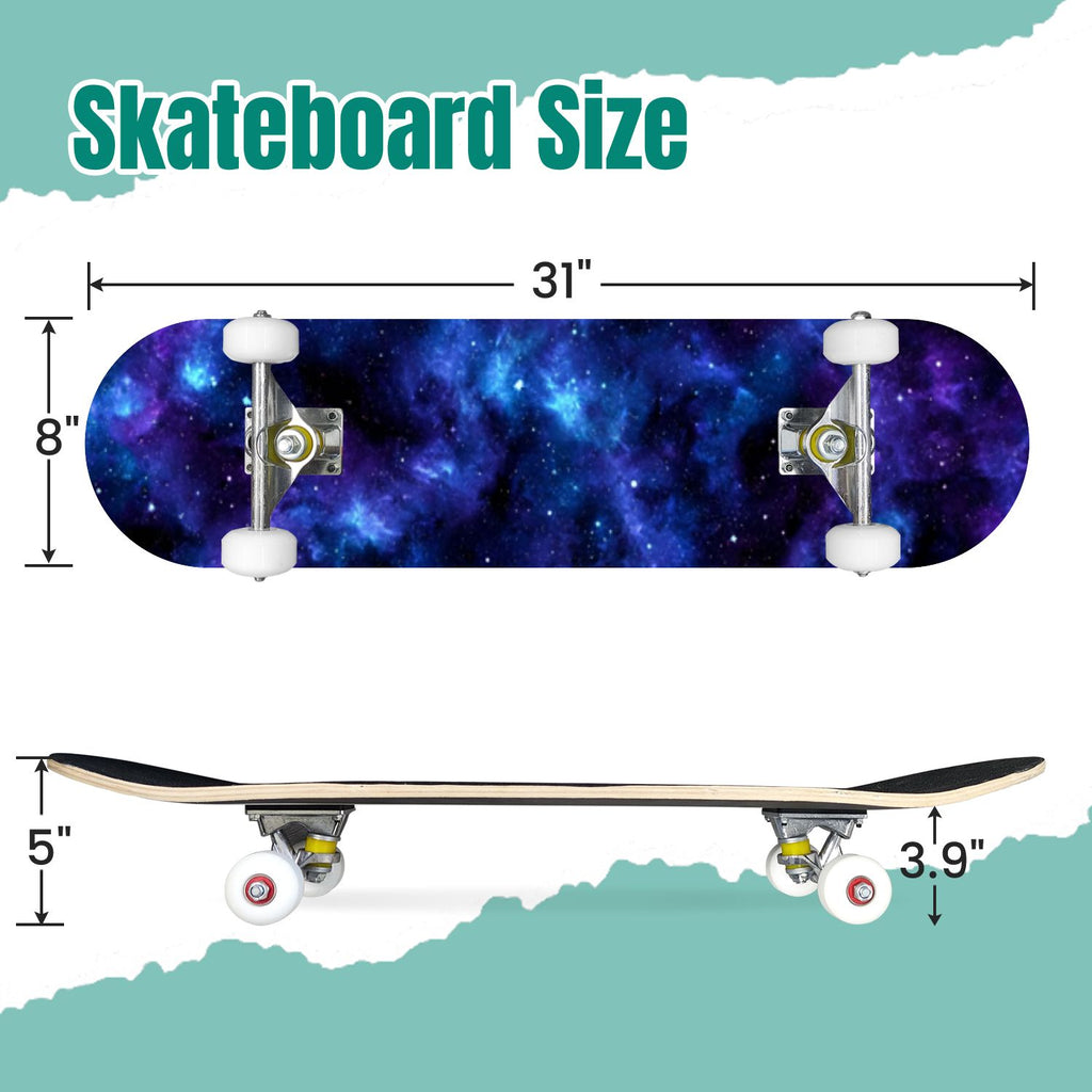 Vibrant Purple Blue Cosmic Galaxy Stars Nebula Clouds 31" x 8" Complete Skateboard, 7-Ply Canadian Maple Double Kick Trick Board for Kids and Beginners Adult Gifts