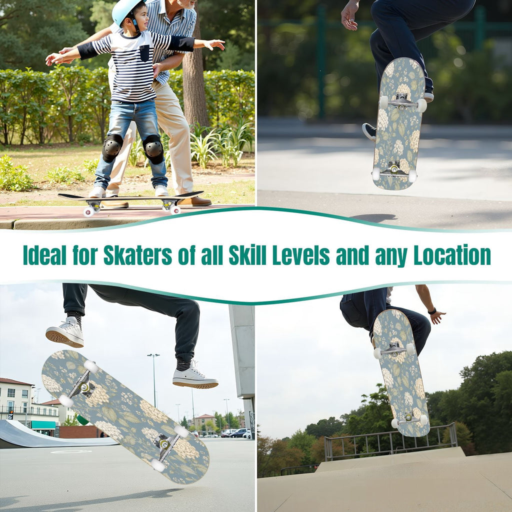 31"x8" Complete Skateboards for Beginners,Blue Flowers Crystals Seamless Watercolor Double Kick 7 Ply Canadian Maple Deck Skateboard with Wheels, Gifts for Kids Teens