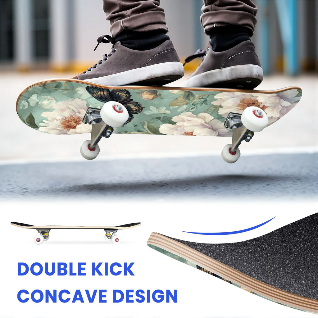 31"x8" Complete Skateboards for Beginners, Whimsical Butterfly Garden Watercolor Art Print Double Kick 7 Ply Canadian Maple Deck Skateboard with Wheels, Gifts for Kids Teens