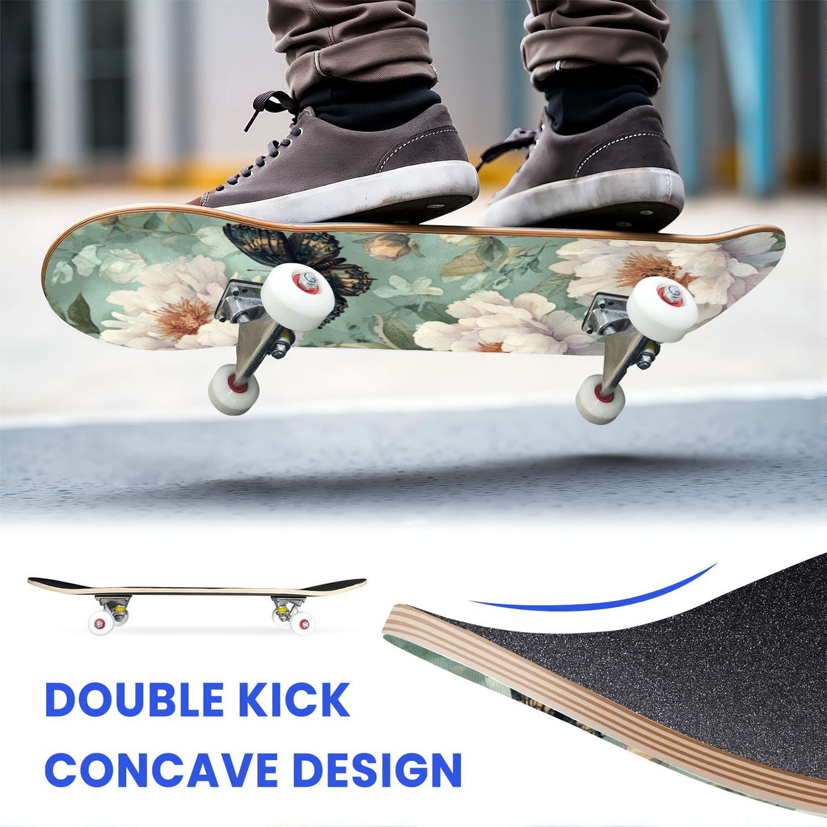 31"x8" Complete Skateboards for Beginners, Whimsical Butterfly Garden Watercolor Art Print Double Kick 7 Ply Canadian Maple Deck Skateboard with Wheels, Gifts for Kids Teens