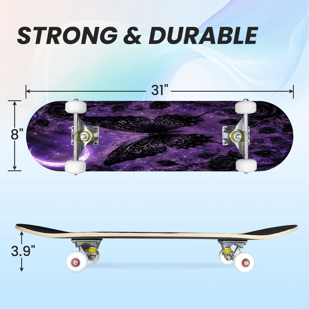 31"x8" Complete Skateboards for Beginners, Mystical Purple Butterfly Glowing Mushrooms Under Full Moon Double Kick 7 Ply Canadian Maple Deck Skateboard with Wheels, Gifts for Kids Teens