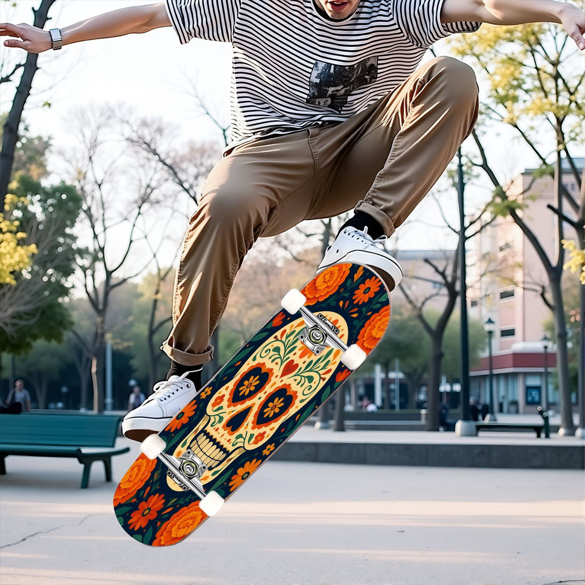 31"x8" Complete Skateboards for Beginners, Colorful Sugar Skull Vibrant Floral Day of the Dead Double Kick 7 Ply Canadian Maple Deck Skateboard with Wheels, Gifts for Kids Teens