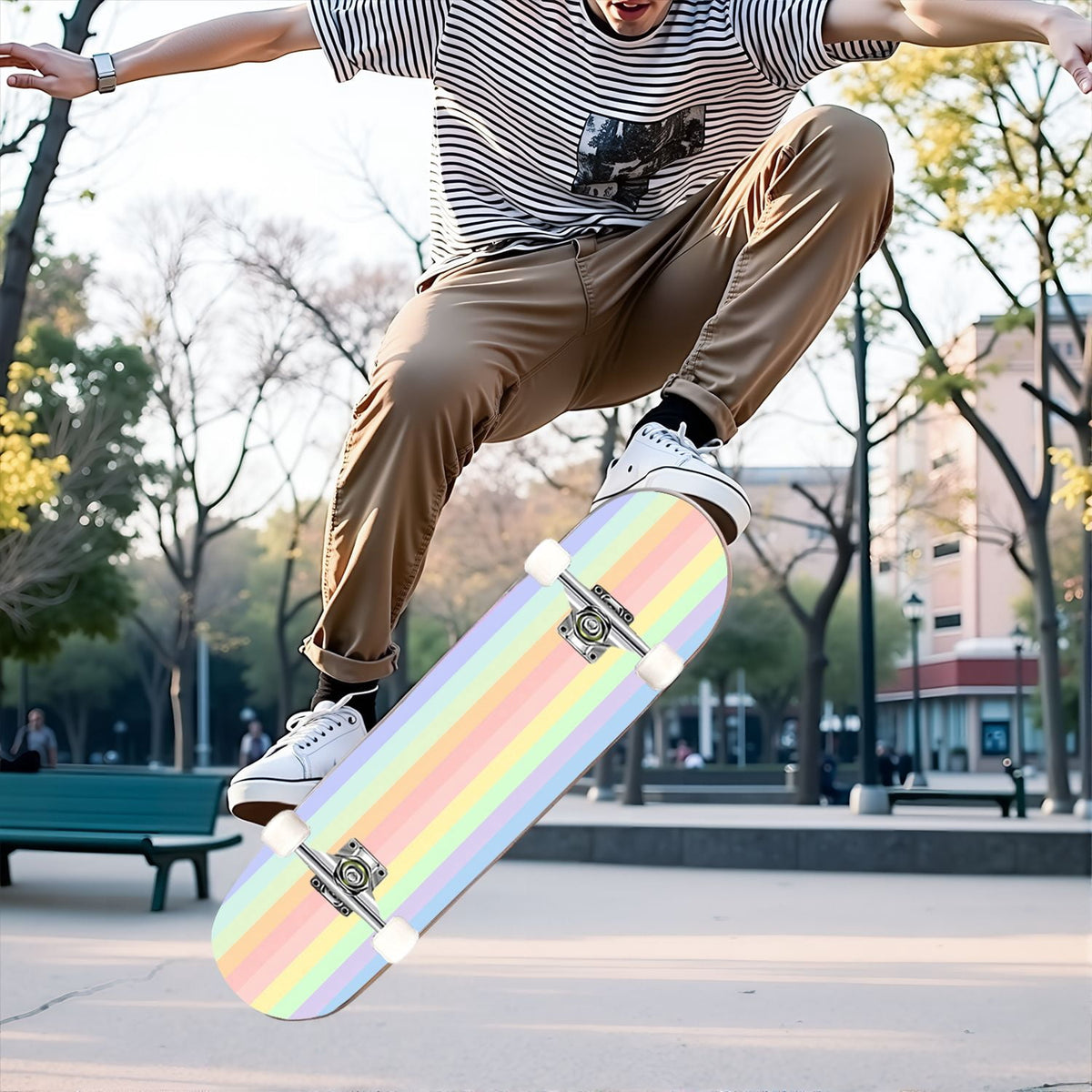 31"x8" Complete Skateboards for Beginners,Pastel Pink Vertical Stripe Minimalist Soft Design Double Kick 7 Ply Canadian Maple Deck Skateboard with Wheels, Gifts for Kids Teens