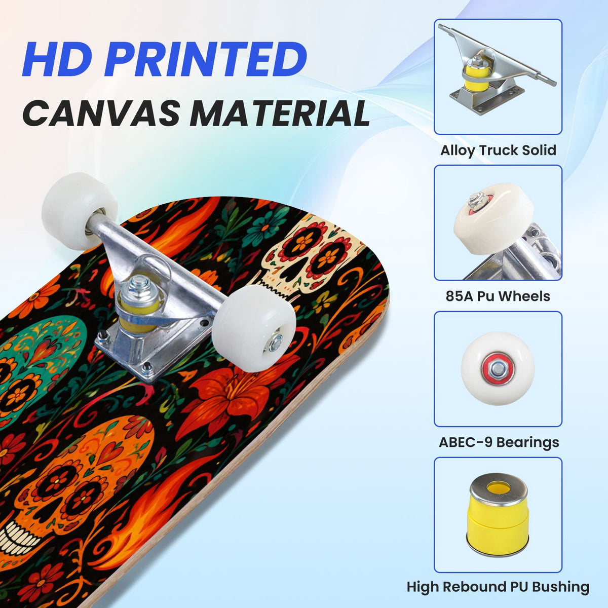 31"x8" Complete Skateboards for Beginners, Colorful Sugar Skulls Floral Patterns Mexican Double Kick 7 Ply Canadian Maple Deck Skateboard with Wheels, Gifts for Kids Teens