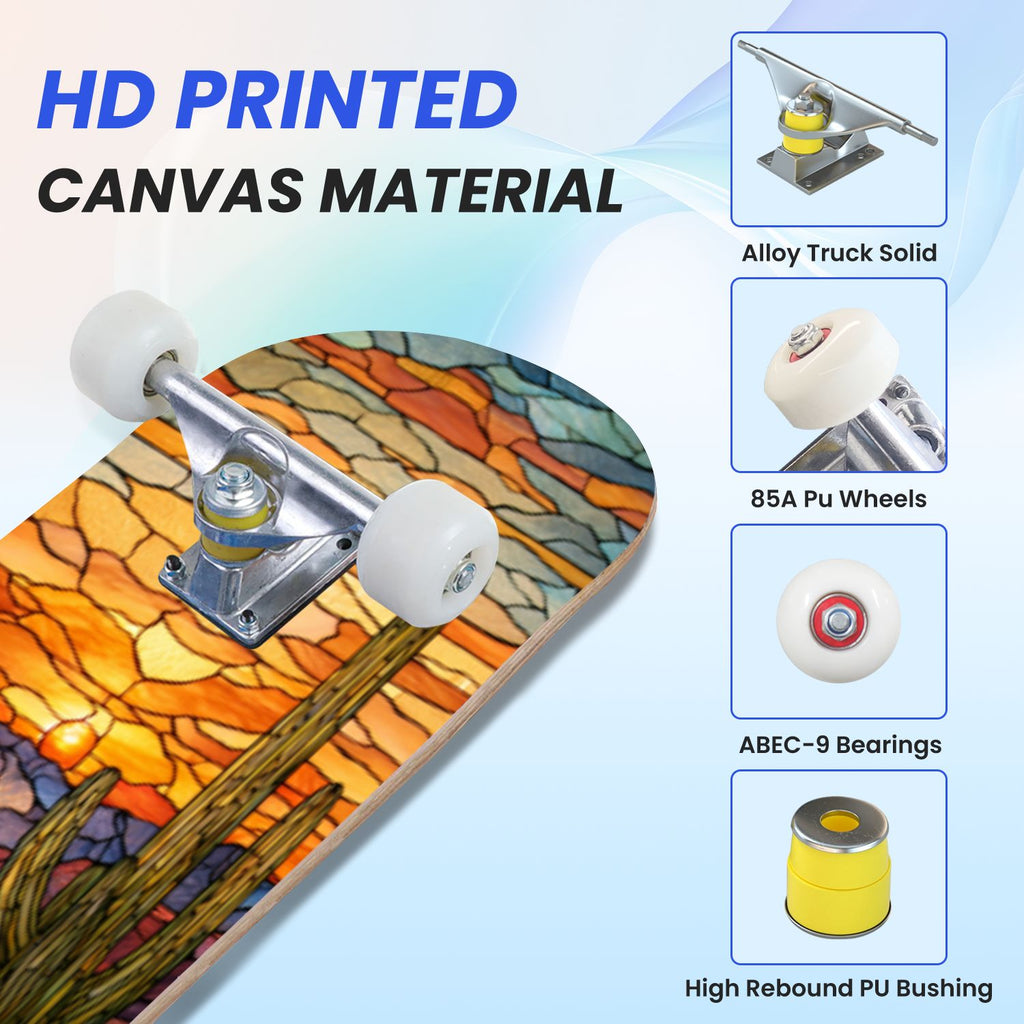 31"x8" Complete Skateboards for Beginners, Vibrant Stained Glass Window Butterflies Flowers Double Kick 7 Ply Canadian Maple Deck Skateboard with Wheels, Gifts for Kids Teens