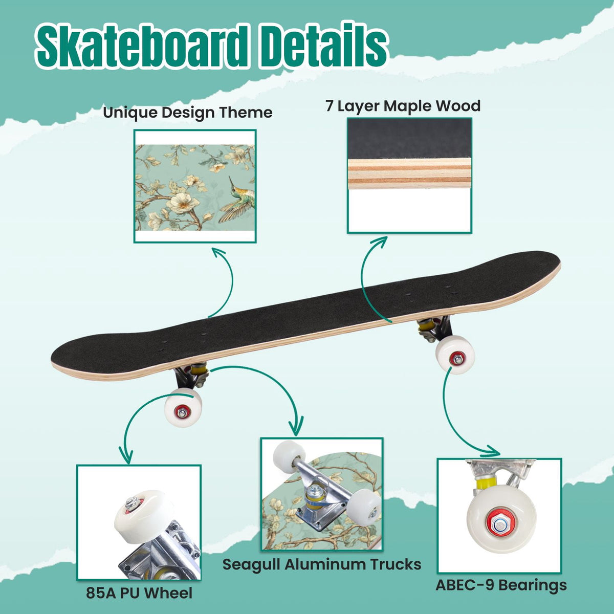 Vintage Movie Theater Classic Cinema 31" x 8" Complete Skateboard, 7-Ply Canadian Maple Double Kick Trick Board for Kids and Beginners Adult Gifts